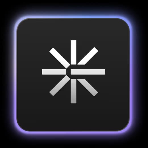 Icon of a spark or asterisk shape with eight silver bars radiating from a central point on a black square background with a purple glow border.